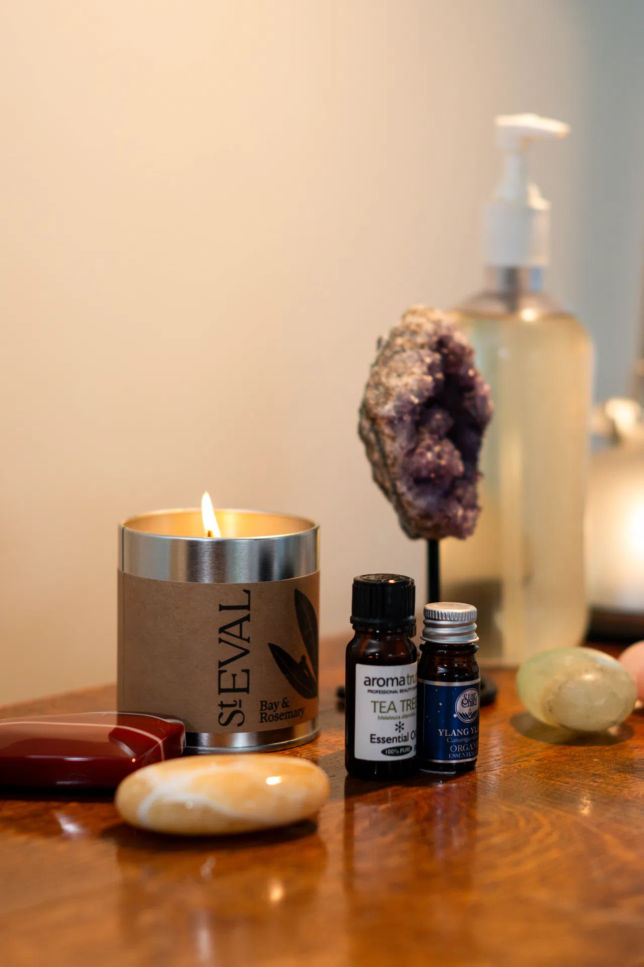 Massage oils and a candle for my mobile beauty treatments in Stow-on-the-Wold.